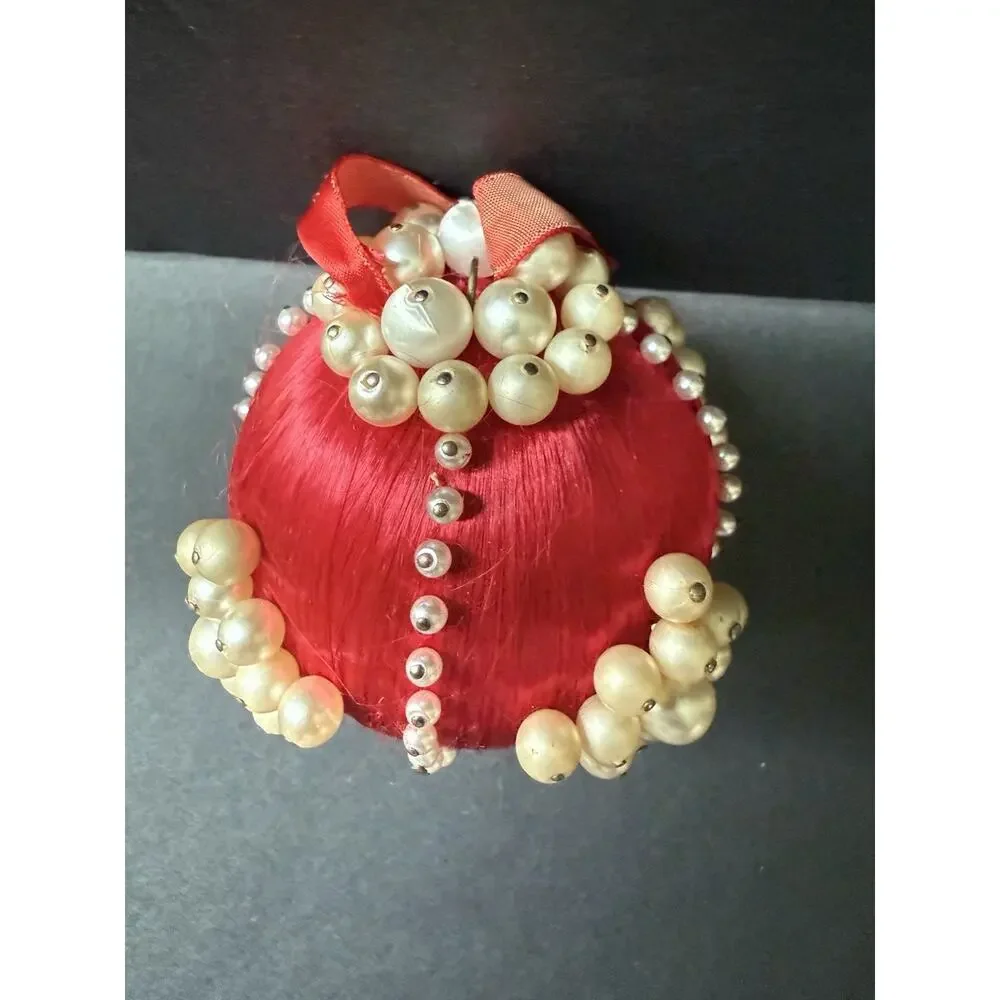 Vintage Handmade Jeweled Beaded Push Pin Red White Victorian Christmas Ornament